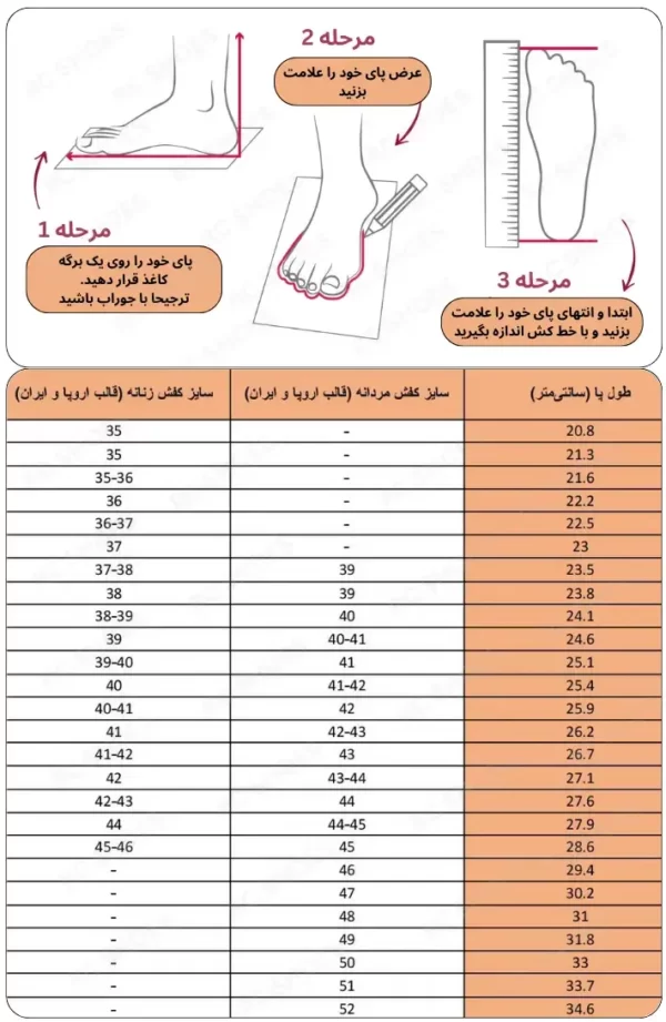 راهنمای انتخاب سایز کفش